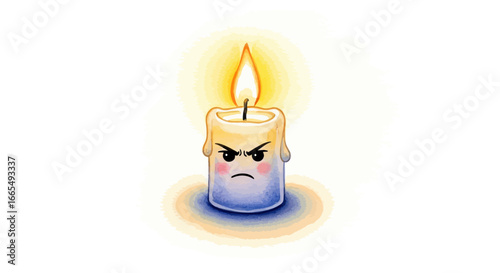A charming yet angry cartoon candle character with a frowning face, glowing with a bright burning flame against a white background