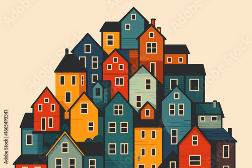 Colorful hillside village with stacked houses