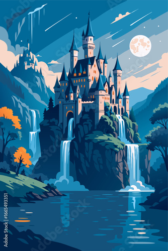 Fantasy castle above waterfall under moonlight
