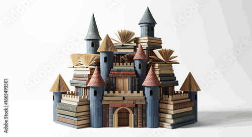 A stunning miniature castle built entirely from artfully stacked books, creating a whimsical scene that represents the foundational power of knowledge, stories, and imagination