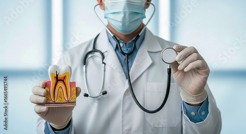 Dental Health: A dentist in a mask holds an anatomical model of a tooth and a stethoscope, symbolizing the connection between oral health and overall physical wellness