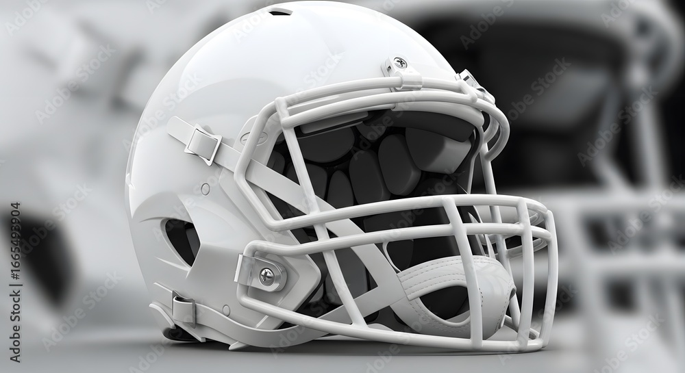 Fototapeta premium Sleek, pristine white American football helmet displayed prominently, showcasing modern protective gear for athletes in competitive sports.