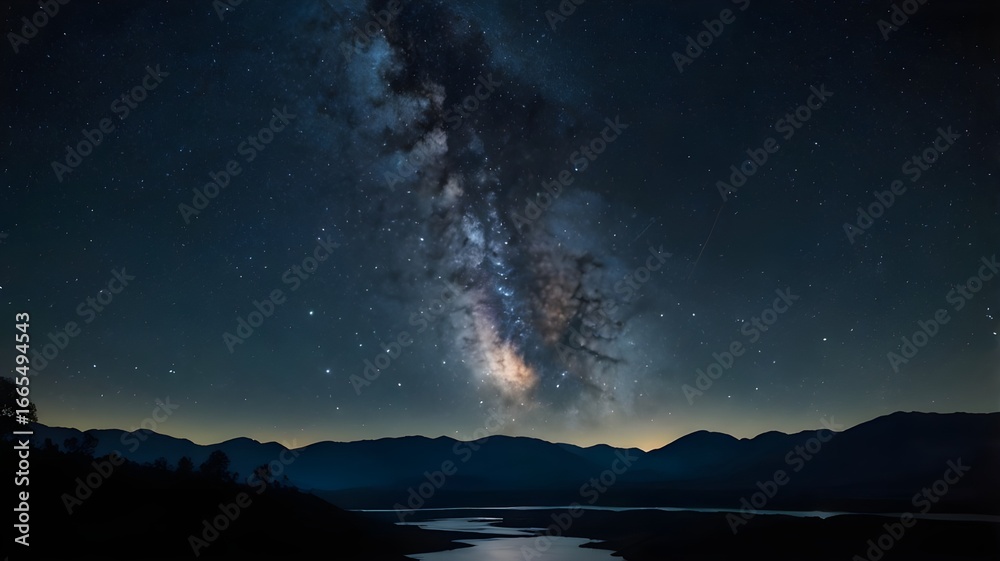 Fototapeta premium This image is a dramatic artistic rendering of a star-filled night sky over a desert landscape.