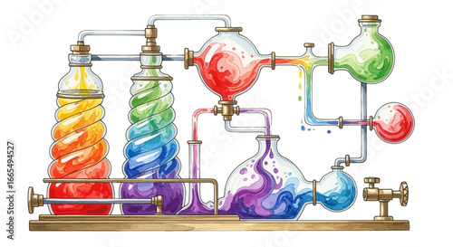 Chemical Reaction Rainbow Colors Flowing Through Scientific Glassware