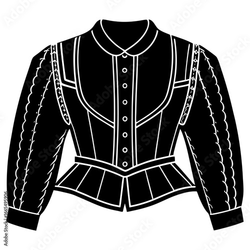Women’s bolero jacket technical flat sketch, front and back view, vector fashion CAD drawing, isolated on white background