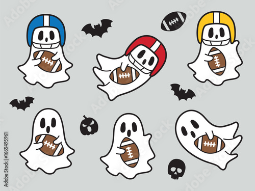 Cute Halloween Ghost Football Players vector illustration set features funny flying sheet ghosts holding footballs, some with helmets for extra game day fun.