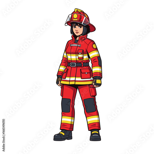 
Vector illustration of a female firefighter wearing a red helmet and uniform in a dynamic pose on a white background.