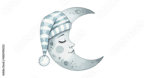A sweet crescent moon wearing a striped sleeping cap drifts peacefully through the night sky, its eyes closed in slumber