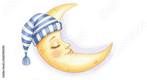 A charming and peaceful illustration of a crescent moon gently sleeping, adorned with a cozy striped nightcap, evoking a sense of calm and sweet dreams for a restful night