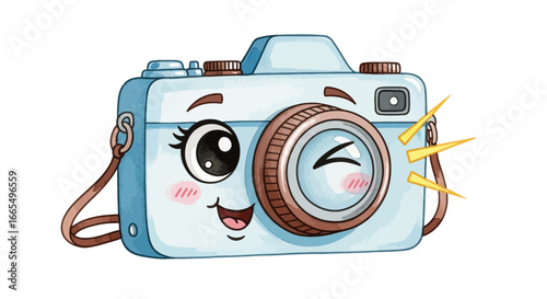 Charming kawaii camera character illustration with a winking eye and happy expression. A cute cartoon mascot for photography lovers
