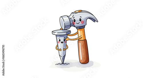Whimsical Cartoon A Happy Hammer Gently Nailing a Smiling Nail on a White Background