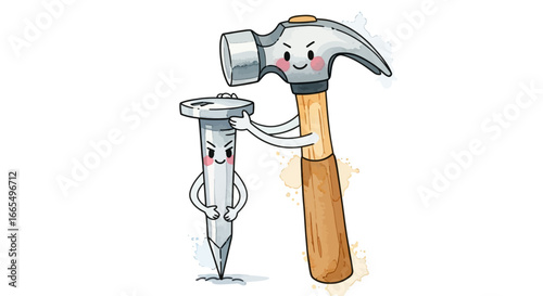 Cartoon hammer and nail characters interacting in a playful scene
