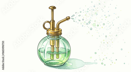 Elegant watercolor illustration of a vintage green glass perfume atomizer spraying a delicate, fragrant mist