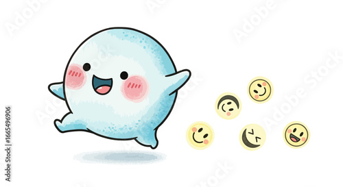 Cute cartoon ghost character spreading happiness and positive emotions with a trail of yellow smiley faces