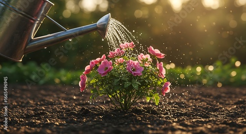 Fototapeta Naklejka Na Ścianę i Meble -  Watering pink rose bush with metal watering can in sunlight Keywords: watering, can, garden