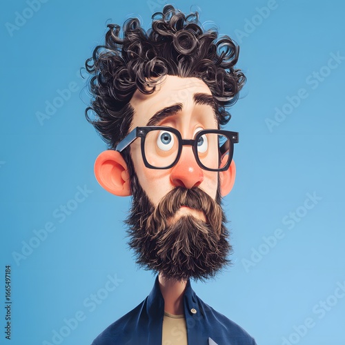 Stylized 3D character of a thoughtful man with curly hair a full beard and black-rimmed glasses.