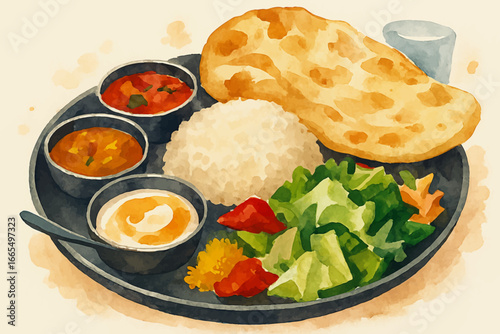 Delicious and vibrant Indian thali plate with rice, naan, curries, and fresh salad, a colorful culinary experience for health and wellness lifestyle