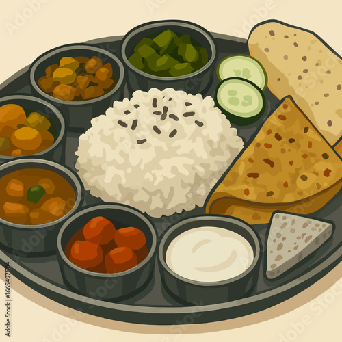 Authentic Indian Thali meal featuring rice, curries, yogurt, and bread offers a diverse and flavorful dining experience celebrating culinary traditions