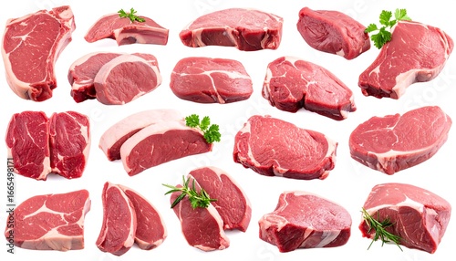 Various raw beef cuts displayed against a plain white background, showcasing a range of shapes and sizes, ideal for a food photography or culinary product catalog.