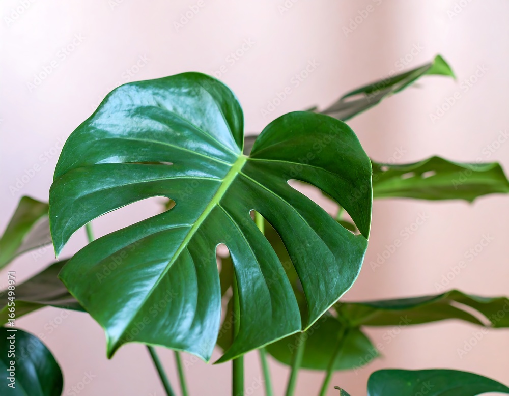 Fototapeta premium Close-up of vibrant green monstera leaf