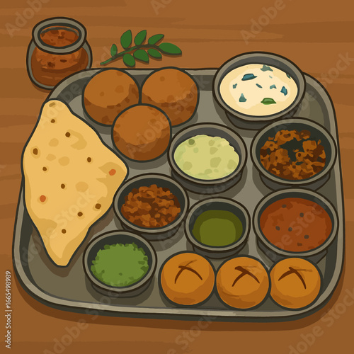 Delicious Indian thali platter with roti, curries, yogurt, and chutneys served on a tray, perfect for showcasing authentic culinary experiences