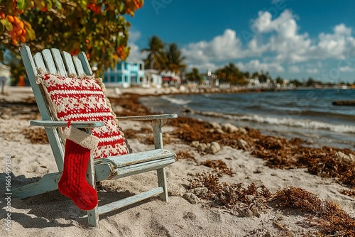 Christmas-decorated beach chair