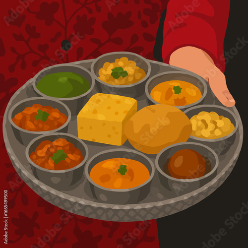 Authentic Indian Thali meal presentation, vibrant variety of dishes, cultural cuisine experience, traditional food service style, culinary travel concept