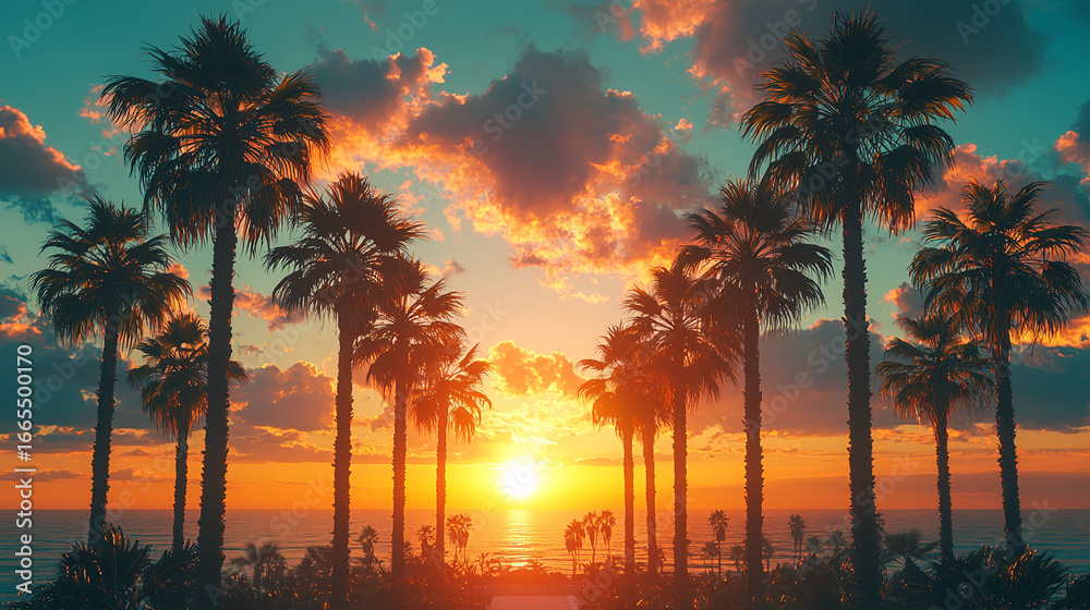 Obraz premium Beautiful california sunset scene with palm trees and ocean view travel destination