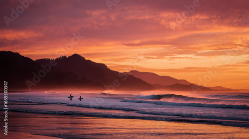 Raglan New Zealand sunset, surfers silhouetted, endless peeling wave