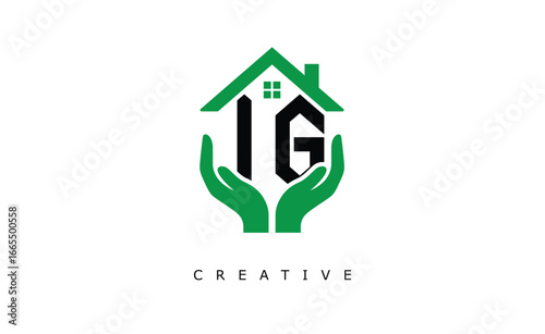 IG Home Care Logo - Green House and Hand Symbol for Real Estate, Eco Housing & Modern Branding