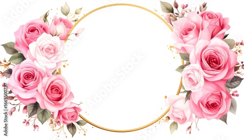 A decorative floral frame of pink and white roses, detailed greenery, and a gold circular border, creates a romantic and elegant aesthetic.