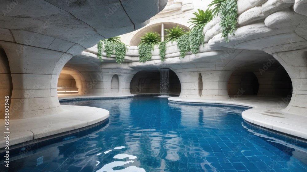 Obraz premium A luxurious cave pool with blue water, stone architecture, and tropical plants for a relaxing vacation and travel destination