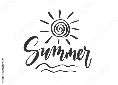 Summer black ink calligraphy. Abstract shining sun rays above brush lettering, curved stylized sea wave. Minimal sketch tropical mood heat for print poster banner of summer activities, party, adv etc