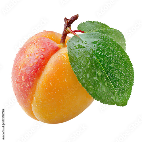 Fresh ripe apricot with water drops and leaf