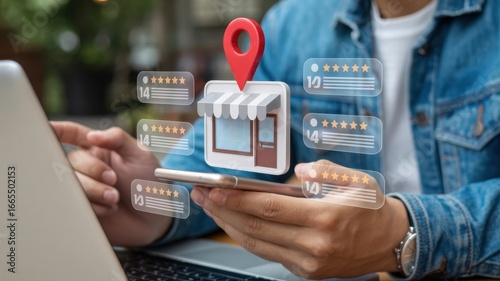 Online local business review and rating concept with shop icon, location pin, and customer feedback on digital device for marketing and seo