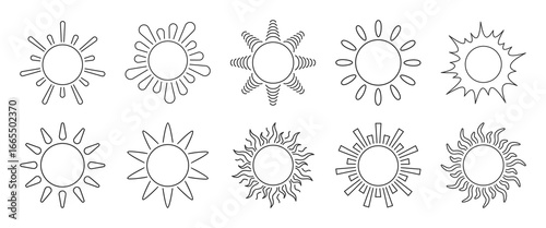 Sun line icon set, sunshine symbol, cartoon glow star flare sign, doodle solar in linear style, various beam, outline daylight drawing, simple heat light ray, bright emblem circular shining contour