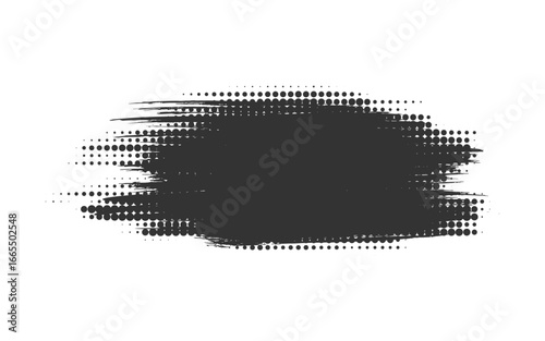 Brush stroke grunge design element, dirty textured spot. Hand drawn smudge with halftone dots effect. Black ink stain dry paintbrush bold scratch isolated on white background