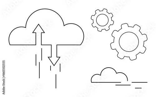 Cloud with arrows symbolizing data transfer, gears for system integration, and simple cloud outlines. Ideal for technology, innovation, system management, cloud solutions, web services, IT