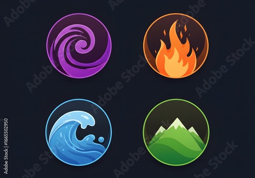 A Captivating Representation of the Four Elements: Earth, Water, Fire, and Air in Stylish Icons