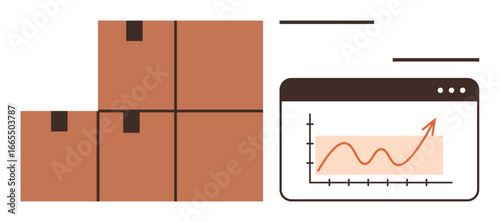 Stacked boxes beside a chart showing upward trends on a screen. Ideal for logistics, inventory, shipping, analytics, growth, supply chain, business performance. Clean flat metaphor