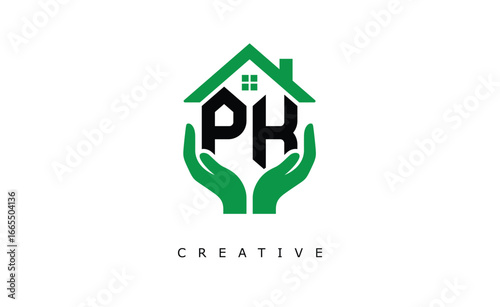 PK Home Care Logo - Green House and Hand Symbol for Real Estate, Eco Housing & Modern Branding