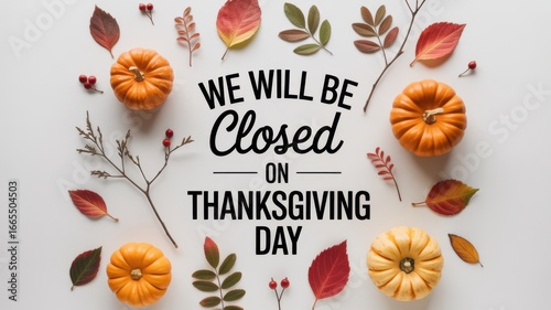 Thanksgiving day closure announcement with pumpkins and autumn leaves isolated on white background, perfect for holiday greetings and seasonal decorations