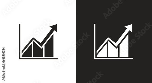 A rising bar graph with an arrow pointing up, a black and white icon symbolizing growth, success, and financial improvement.