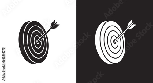 A target with an arrow in the bullseye, a black and white icon symbolizing goals, achievement, success, and business objectives.