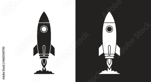 A rocket launching, a black and white icon symbolizing a startup, business launch, innovation, and rapid growth.