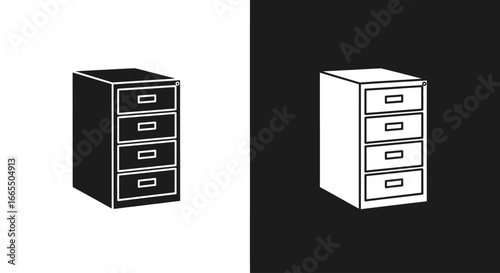 A filing cabinet with multiple drawers in a black and white split icon, symbolizing office storage, organization, and document archiving.