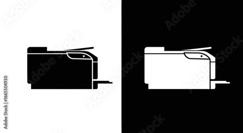 A large office printer or copier machine in a black and white split icon, representing document reproduction and office technology.