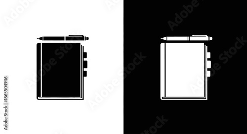 A ring binder or folder in a black and white split icon, a tool for organizing documents, reports, and school notes.
