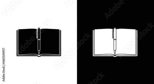 An outline style open book or notebook, a simple and modern icon representing reading, learning, education, and knowledge.
