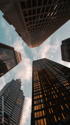 Looking up at the towering skyscrapers in the city center, a modern urban landscape with a sense of architectural grandeur and financial power